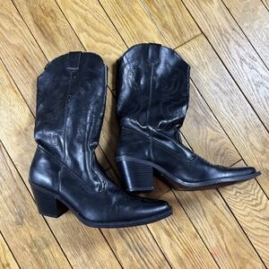Splash Black Faux Leather Western Cowboy Boots Block Heel Square Toe 7.5